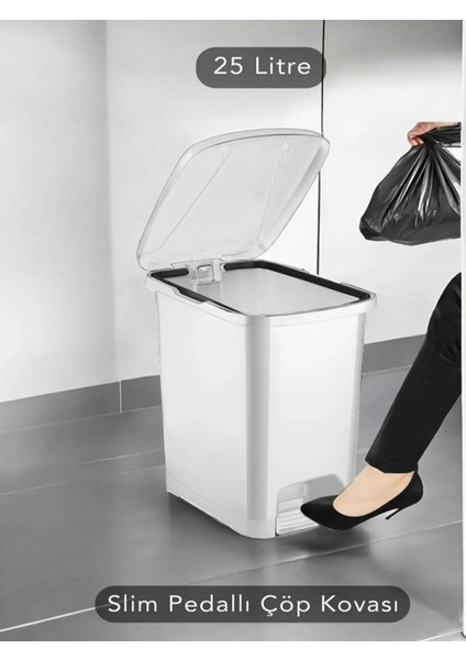 3'lü 25-15-10 Litre Slim Pedallı Banyo ve Mutfak Çöp Kovası Seti, Beyaz