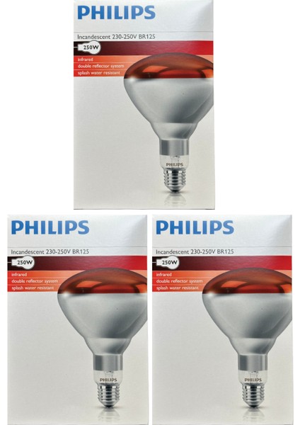 (3 adet) Philips 250W Kızılötesi (Infrared) Isıtıcılı Hayvan Isıtma ve Fizik Tedavi Lambası (Kırmızı Işık) E27 (Kalın Duy)