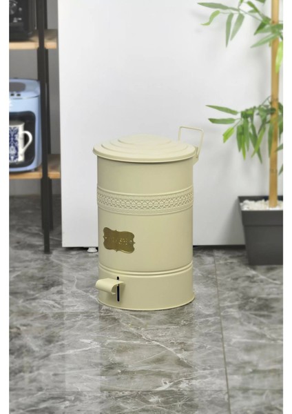 16 Lt Krem Metal Kapaklı Galvaniz Çöp Kovası, Mutfak ve Banyo Için Ideal
