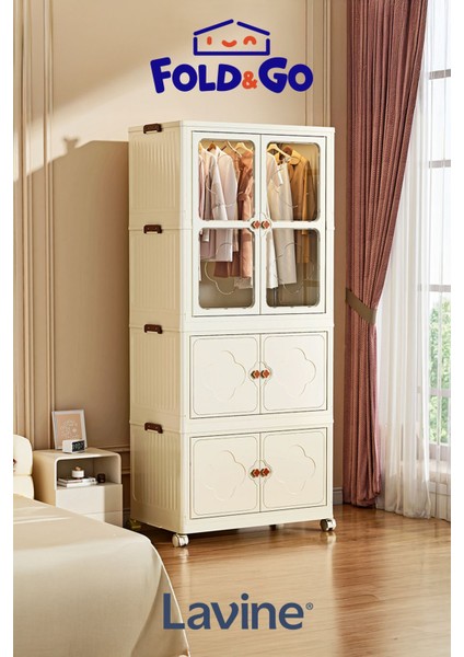Fold&go 3 Katlı Dolap Gardırop Portatif Organizer Tekerlekli Dolap Çok Amaçlı Kapaklı Katlanır Beyaz