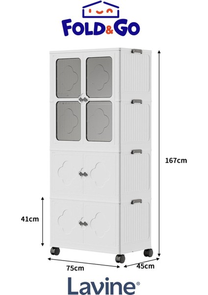 Fold&go 3 Katlı Dolap Gardırop Portatif Organizer Tekerlekli Dolap Çok Amaçlı Kapaklı Katlanır Beyaz