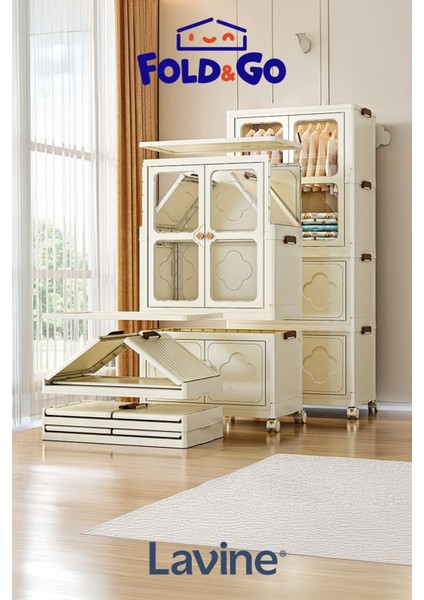 Fold&go 3 Katlı Dolap Gardırop Portatif Organizer Tekerlekli Dolap Çok Amaçlı Kapaklı Katlanır Beyaz