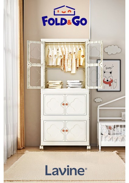 Fold&go 3 Katlı Dolap Gardırop Portatif Organizer Tekerlekli Dolap Çok Amaçlı Kapaklı Katlanır Beyaz