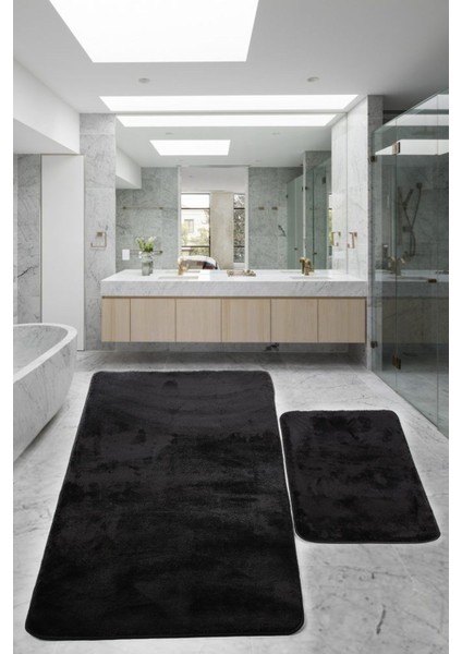 Siyah 80X150 ve 50X80 cm Büyük Ebat Banyo Halısı Paspası Seti Kaymaz Klozet Takımı