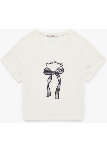 Pamuklu Kısa Kollu Bisiklet Yaka Fiyonk Işleme Detaylı Pijama Üstü