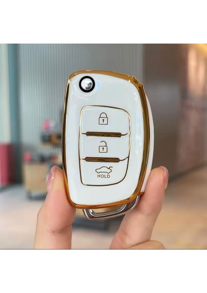 Hyundai I30 Sustalı Anahtar Kılıfı Beyaz-Gold