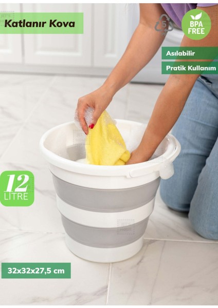 12 Litre Katlanabilir Gri Kova, Pratik ve Asılabilir, Kolay Kullanım