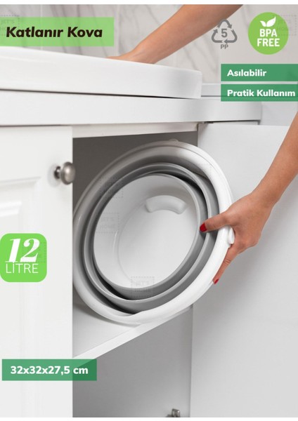 12 Litre Katlanabilir Gri Kova, Pratik ve Asılabilir, Kolay Kullanım modelleri