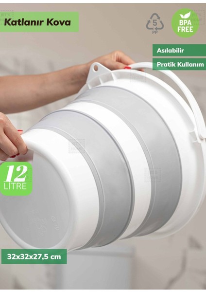 12 Litre Katlanabilir Gri Kova, Pratik ve Asılabilir, Kolay Kullanım fırsatları