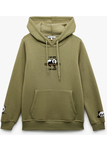 Panda Baskılı Şardonlu Kanguru Cepli Kapüşonlu Sweatshirt modelleri