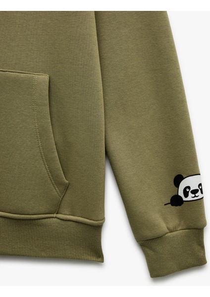 Panda Baskılı Şardonlu Kanguru Cepli Kapüşonlu Sweatshirt