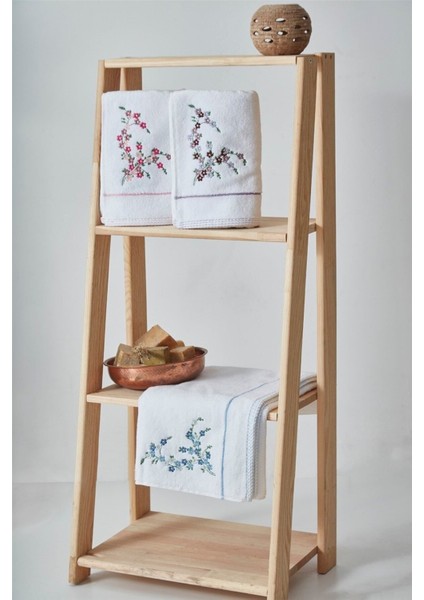 %100 Pamuklu 50X100 Çiçek Nakışlı 3'lü Havlu Seti, Beyaz