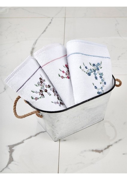 %100 Pamuklu 50X100 Çiçek Nakışlı 3'lü Havlu Seti, Beyaz fiyatları