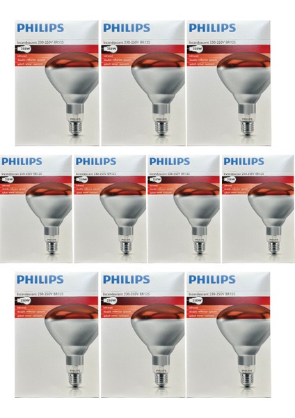 (10 Adet) Philips 250W Kızılötesi (Infrared) Isıtıcılı Hayvan Isıtma ve Fizik Tedavi Lambası (Kırmızı Işık) E27 (Kalın Duy)