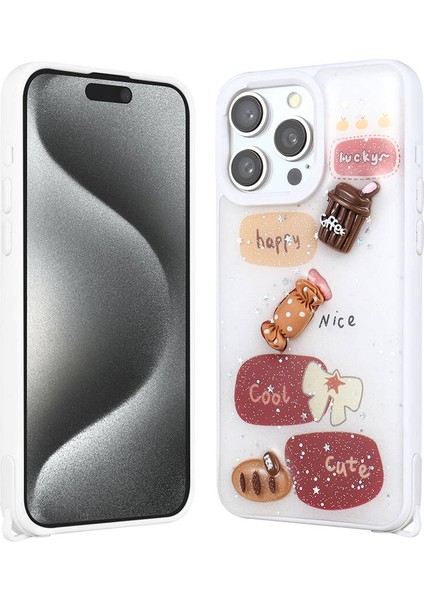 Apple iPhone 15 Pro Max Kılıf Parlayan Sıvılı Simli Kabartma Figürlü Scks Cevze Kapak-Beyaz