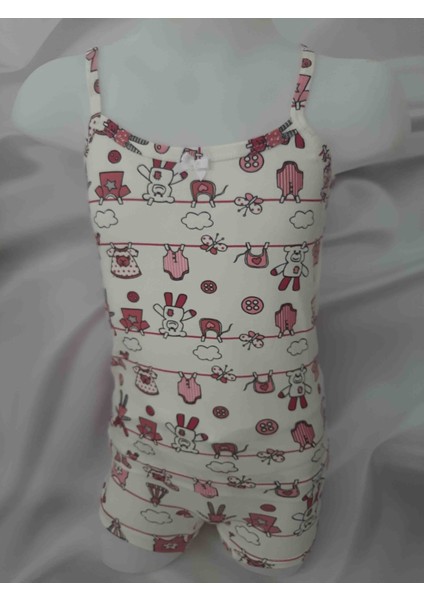 Beyaz Üzerine Pembe Desenli %90 Pamuk %10 Elastan Ip Askılı Atlet ve Şort Kız Çocuk Takım