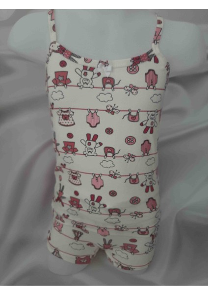 Beyaz Üzerine Pembe Desenli %90 Pamuk %10 Elastan Ip Askılı Atlet ve Şort Kız Çocuk Takım modelleri