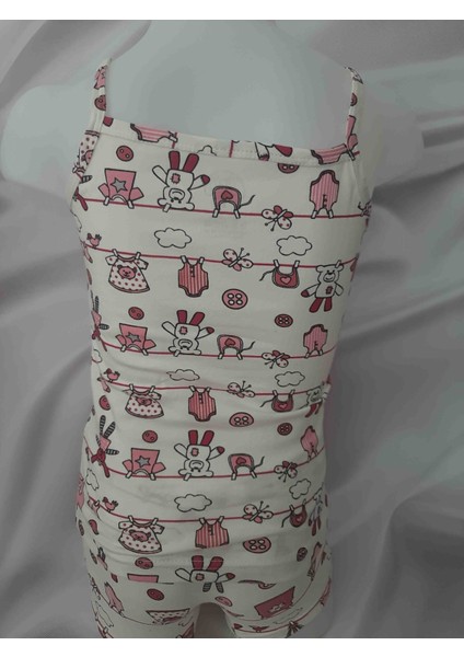 Beyaz Üzerine Pembe Desenli %90 Pamuk %10 Elastan Ip Askılı Atlet ve Şort Kız Çocuk Takım indirimleri