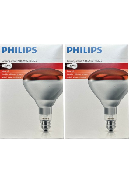 (2 adet) Philips 250W Kızılötesi (Infrared) Isıtıcılı Hayvan Isıtma ve Fizik Tedavi Lambası (Kırmızı Işık) E27 (Kalın Duy)