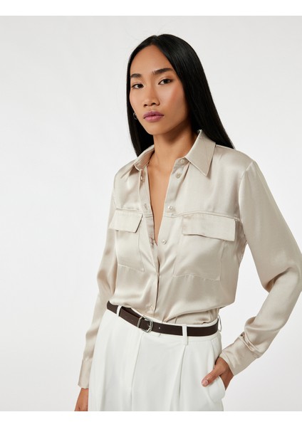 Cep Detaylı Uzun Kollu Düğmeli Klasik Yaka Saten Gömlek