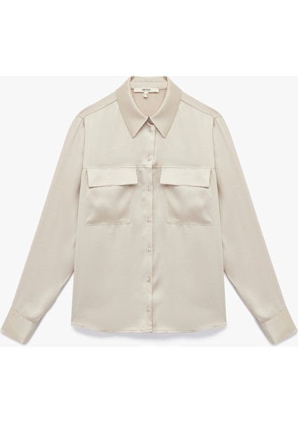 Cep Detaylı Uzun Kollu Düğmeli Klasik Yaka Saten Gömlek modelleri