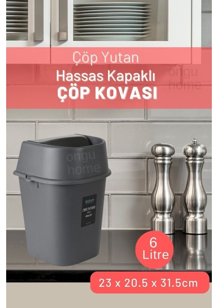 6l Gri Hassas Kapaklı Mutfak Çöp Kovası, Tezgah Üstü Kullanım