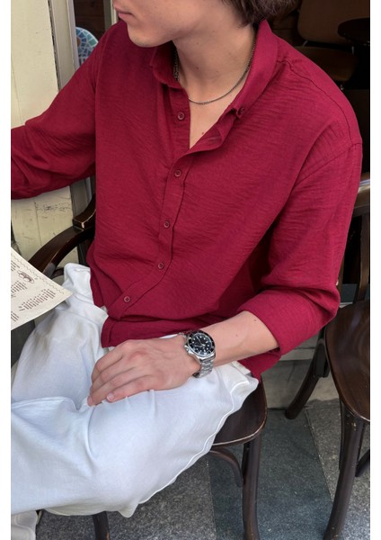 Erkek Oversize Kesim Keten Görünümlü Gömlek