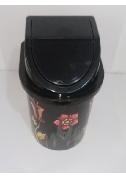 24X13 Cm, 3lt, Siyah Çiçek Desenli, Kapaklı, Şık ve Lüks Çöp Kovası