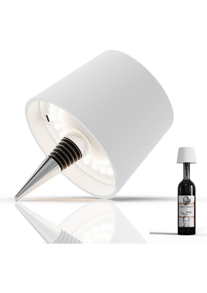 Beyaz Renk Pilli Şişe Lambası – Kablosuz Dokunmatik LED Masa Lambası, USB Şarjlı, IP44 Su Geçirmez, 3 Renk Ayarlı, 4000 Mah