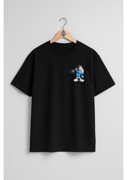 Oversize Şirinler Güçlü Şirin Cep ve Sırt Tasarımlı Unisex T-Shirt