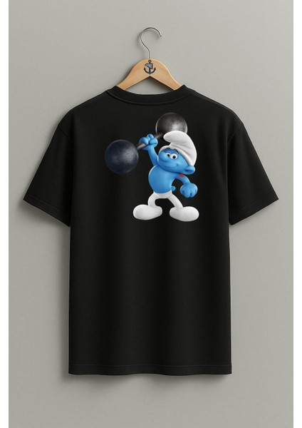 Oversize Şirinler Güçlü Şirin Cep ve Sırt Tasarımlı Unisex T-Shirt fiyatları