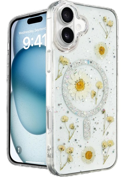 iPhone 16 Kılıf Daisy Simli Magsafe Kapak - Gümüş - 16581-1842