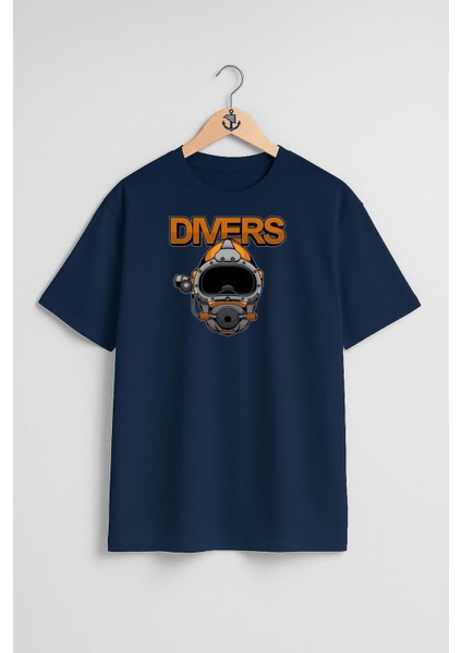 Oversize Divers Dalgıç Başlığı Göğüs ve Sırt Tasarımlı Unisex T-Shirt