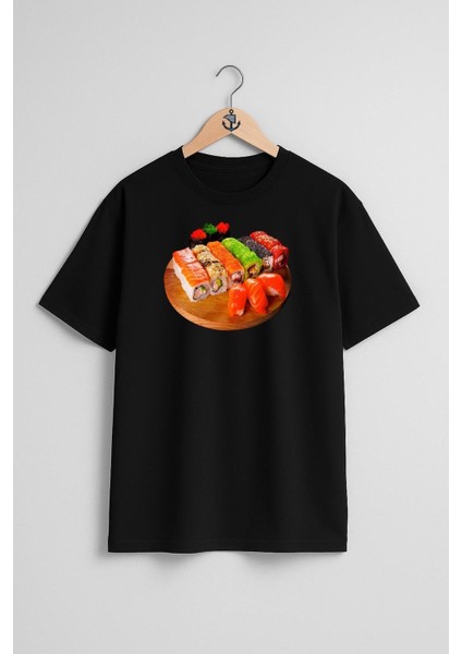 Oversize California Roll Sashimi Sushi Makizushi Unagi Göğüs Tasarımlı Unisex T-Shirt