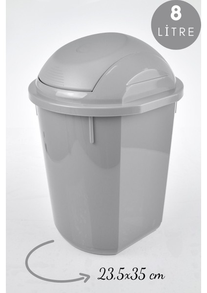 Oynar Kapaklı Gri Yuvarlak Çöp Kovası 8 Litre 23,5X35 cm