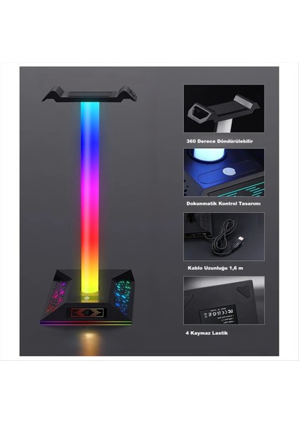 Gaming Rgb Kulaklık Standı 10 Mod 7 Renk Dokunmatik Kontrol Telefon Şarj Özellikli Gamer Ledli modelleri
