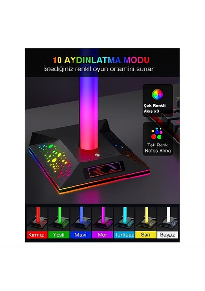 Gaming Rgb Kulaklık Standı 10 Mod 7 Renk Dokunmatik Kontrol Telefon Şarj Özellikli Gamer Ledli