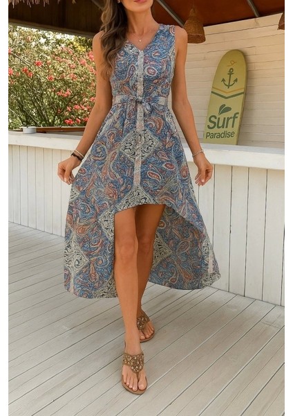 Kadın Kolsuz V Yakalı Desenli Süprem Tulum Elbise