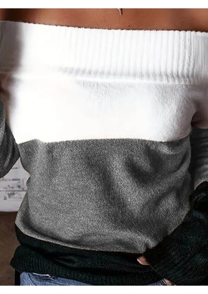 Cncystore Kadın Uzun Kollu Omuzlardan Açık Uzun Kollu Blok Çizgili Triko Bluz fiyatları