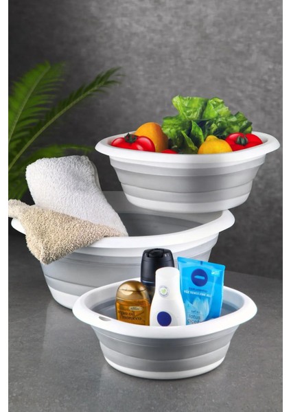 3'lü Katlanır Badya Seti, 2,7-10 Lt, Akordiyon Tasarım, Gri Renk