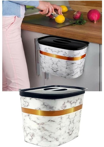 Mermer Desenli Beyaz Askılı Çöp Kovası 18X27X20 Cm, Şık ve Fonksiyonel Tasarım