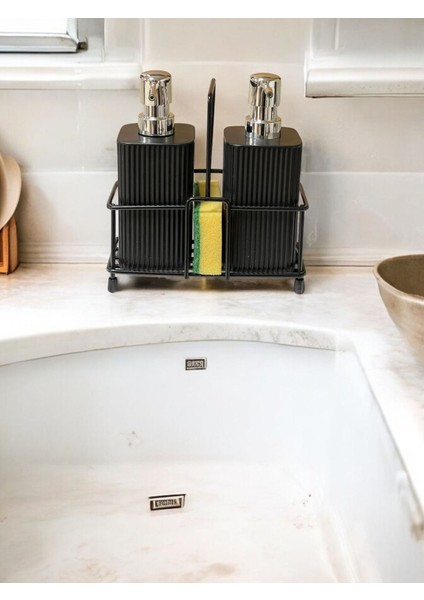 Siyah Metal Standlı Bulaşık Deterjanı ve Sıvı Sabunluk Mutfak Seti, Sünger Hediye