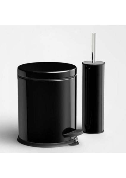 Şık Siyah Pedallı Çöp Kovası ve Klozet Fırçası Seti, 3 Lt, Pratik Kullanım
