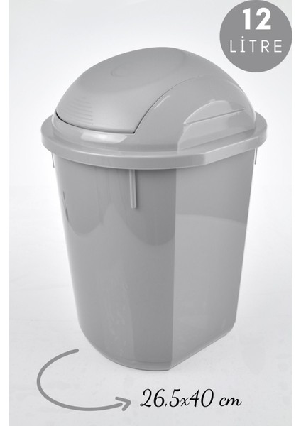 12 Litre Yuvarlak Oynar Kapaklı Çöp Kovası, Gri, 26,5X40 cm