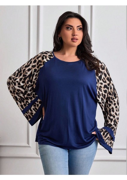 Kadın Uzun Leopar Kol Detaylı Lacivert Bluz