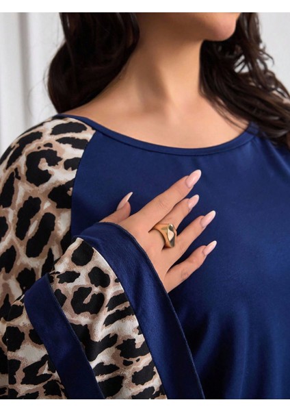 Kadın Uzun Leopar Kol Detaylı Lacivert Bluz modelleri