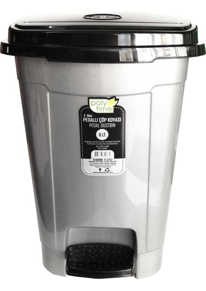 Gri 6l Pedallı Çöp Kutusu, Çıkarılabilir Iç Kovası, 28X22X22 cm