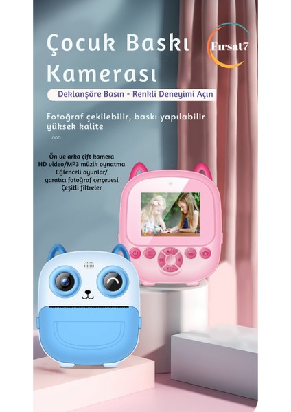Çocuk Fotoğraf Makinesi 2.4inc Anında Baskı Hd Video Çift Kamera Müzikli Oyunlu Selfie Kamera Şarjlı