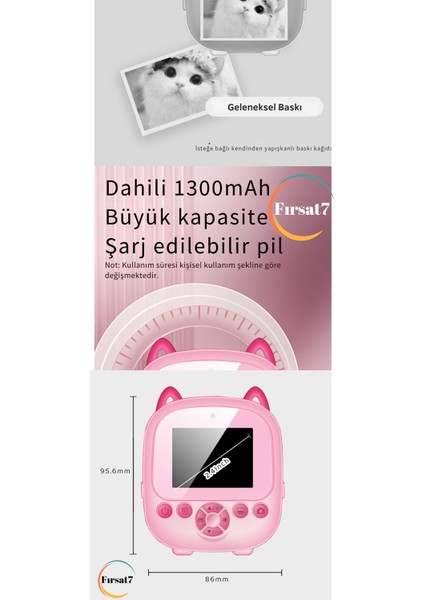 Çocuk Fotoğraf Makinesi 2.4inc Anında Baskı Hd Video Çift Kamera Müzikli Oyunlu Selfie Kamera Şarjlı