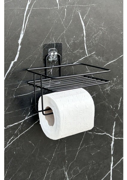 Yapışkanlı Siyah Metal Tuvalet Kağıdı Tutacağı, Modern ve Pratik Tasarım